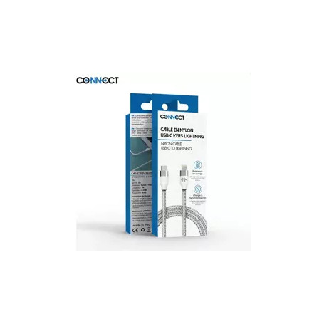 Cable data Type-C vers Lighning Nylon Tressé Connect(1m) Blanc