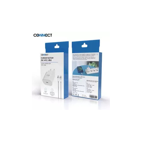 Chargeur Secteur Type-C CONNECT 25W avec Câble Lightning (1m) Blanc