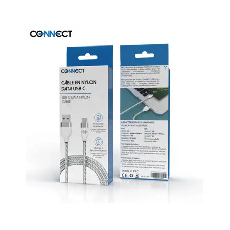 Câble Data USB vers Type C CONNECT Nylon Tressé 1m Blanc
