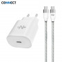 Chargeur Secteur Type-C CONNECT Charge Rapide 25W avec Câble Nylon Tressé Type-C (1m) Blanc
